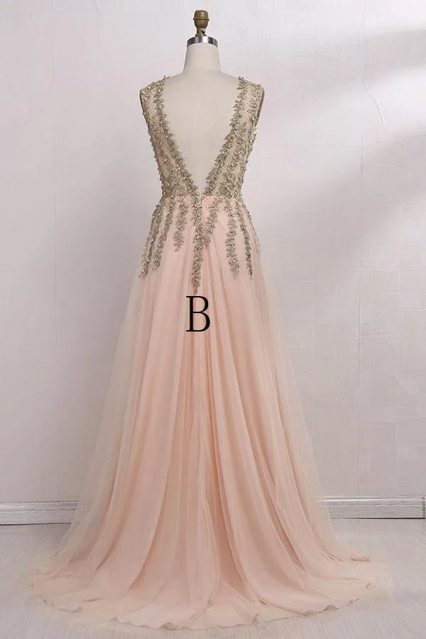 Deep V-Neck Sweep Train Sleeveless Pink Tulle Prom Dress with Beading PG453
