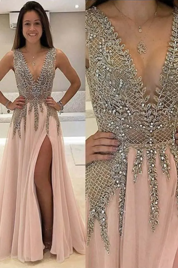 Deep V-Neck Sweep Train Sleeveless Pink Tulle Prom Dress with Beading PG453