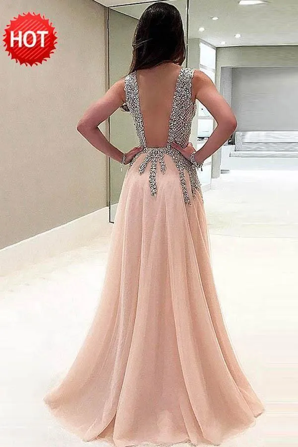 Deep V-Neck Sweep Train Sleeveless Pink Tulle Prom Dress with Beading PG453