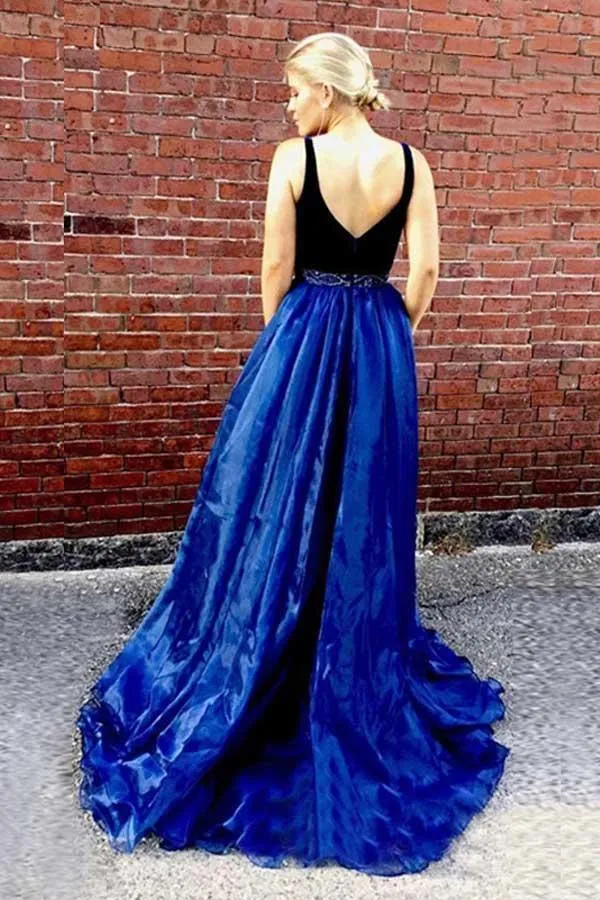 Deep V-Neck Sweep Train Split Royal Blue Organza Beaded Prom Dress PG480