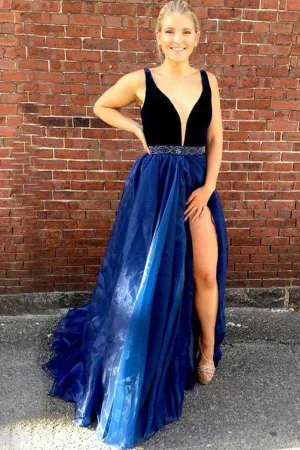 Deep V-Neck Sweep Train Split Royal Blue Organza Beaded Prom Dress PG480