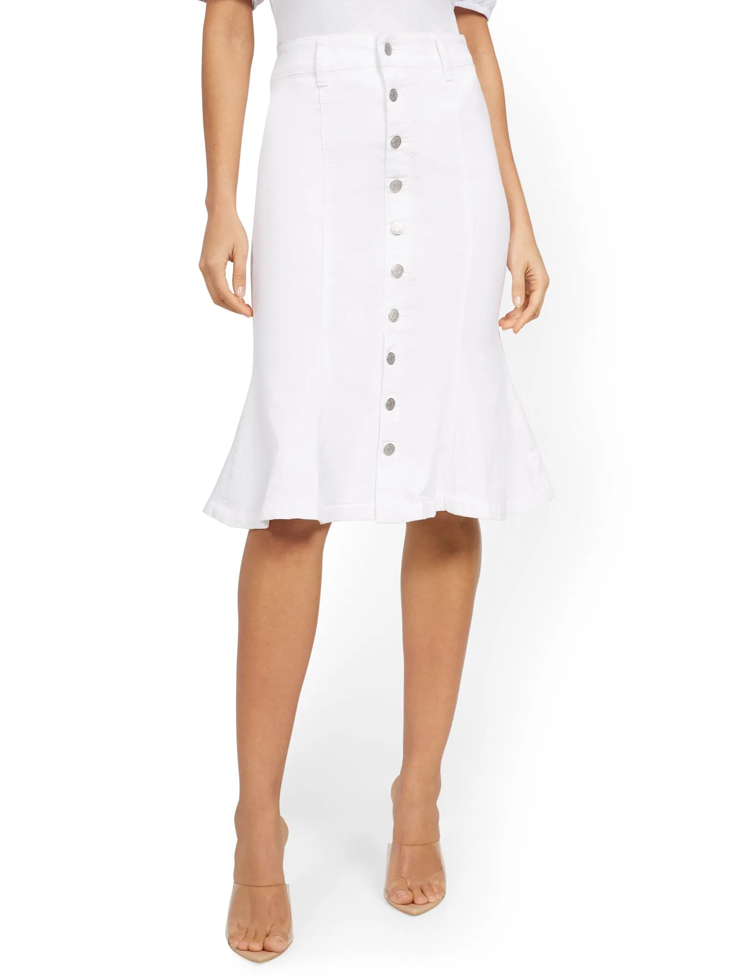 Denim Button-Front Peplum Skirt