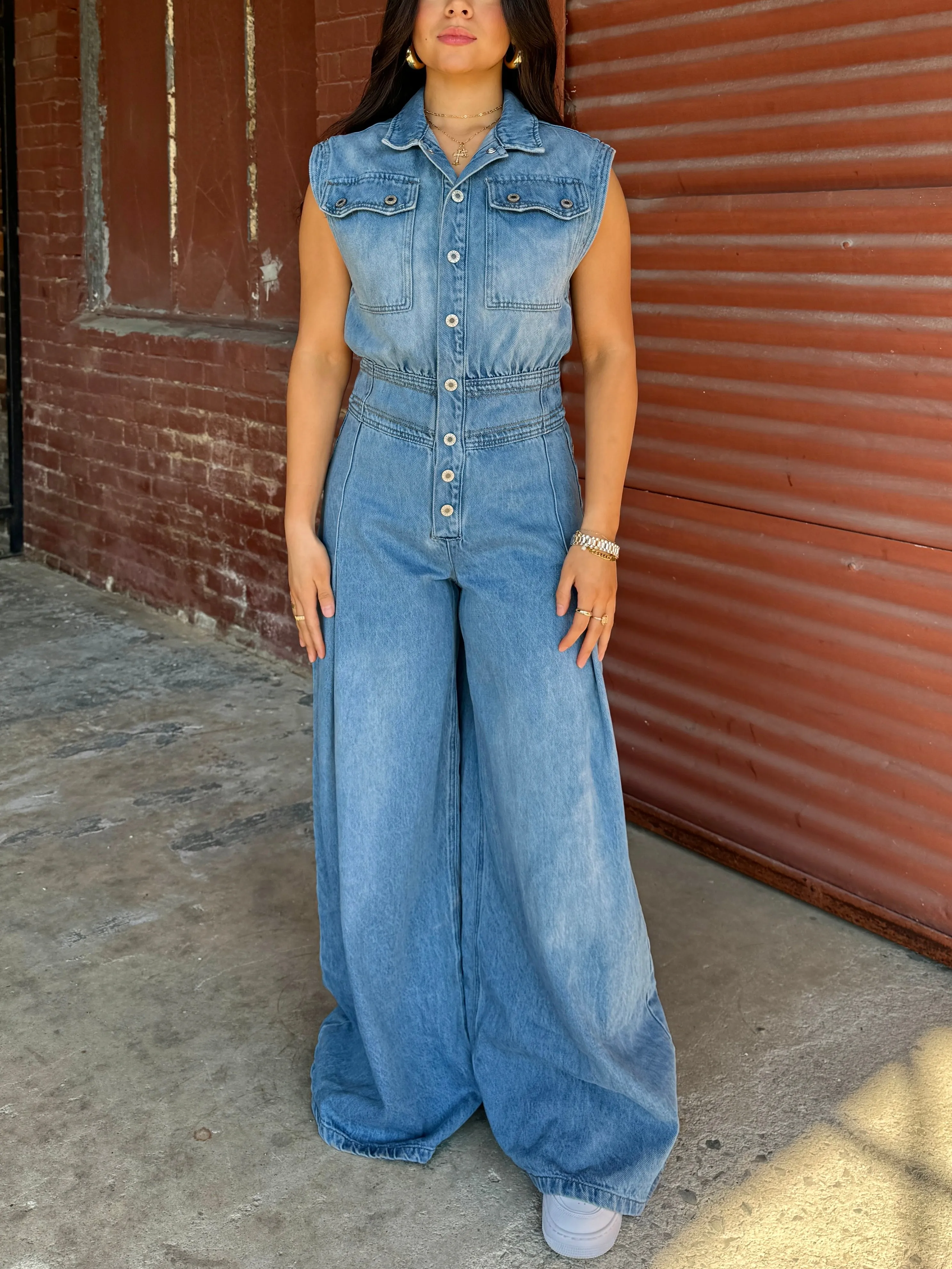 Denim Pleated Wide-Leg Jumpsuit