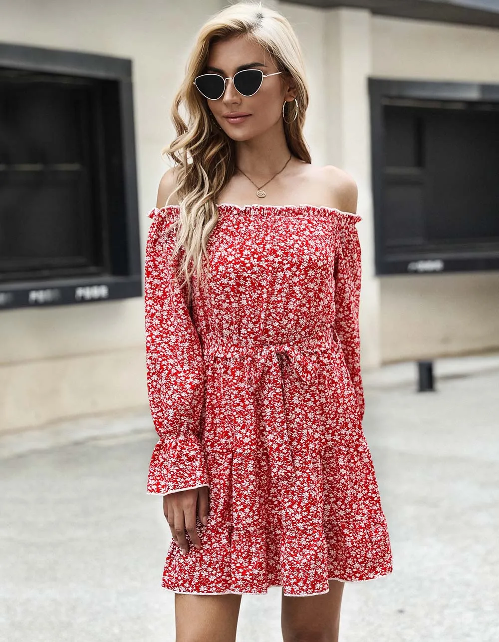 Disty Floral Long Sleeve Off The Shoulder Belted Short A-Line Dresses