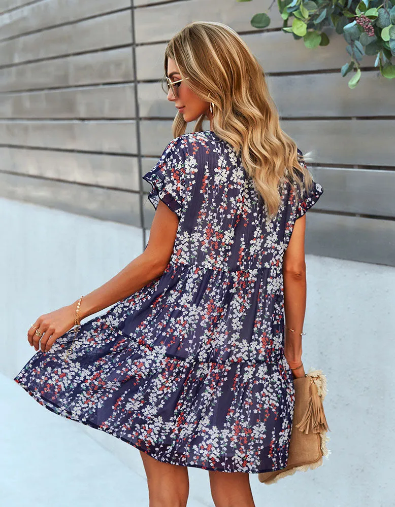 Disty Floral Print V Neck Loose Chiffon Midi A-Line Dresses