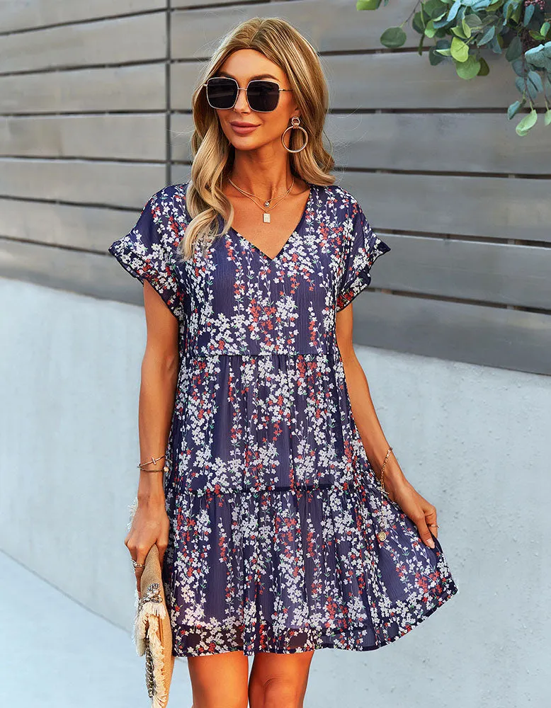 Disty Floral Print V Neck Loose Chiffon Midi A-Line Dresses