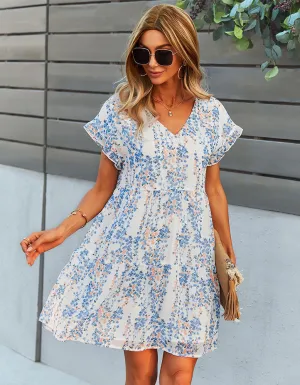 Disty Floral Print V Neck Loose Chiffon Midi A-Line Dresses