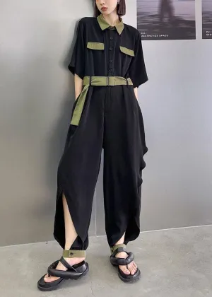 Diy Black Patchwork Button  Outfits Rompers Summer