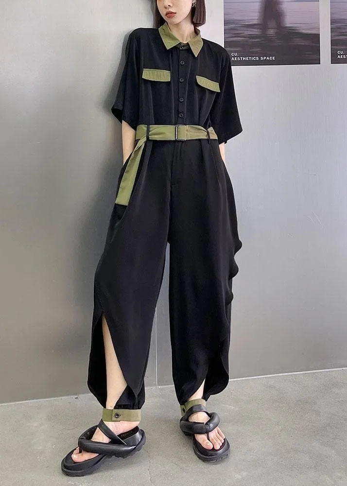 Diy Black Patchwork Button  Outfits Rompers Summer