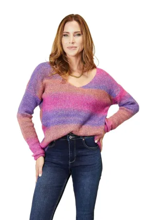 Double Take Multicolored Rib-Knit V-Neck Knit Pullover