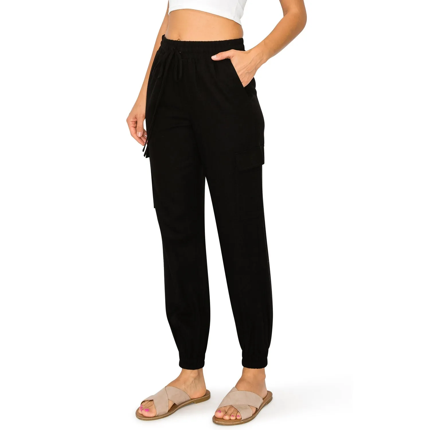 Drawstring Waist Linen Cargo Jogger Pants - Black