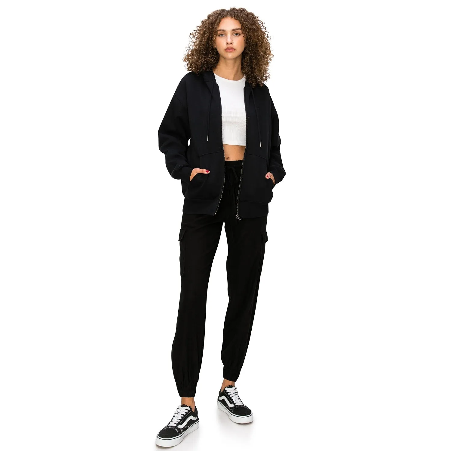 Drawstring Waist Linen Cargo Jogger Pants - Black