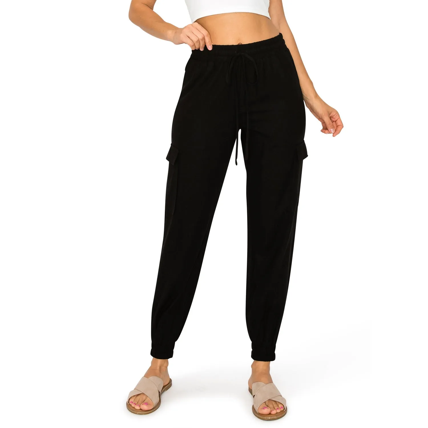 Drawstring Waist Linen Cargo Jogger Pants - Black