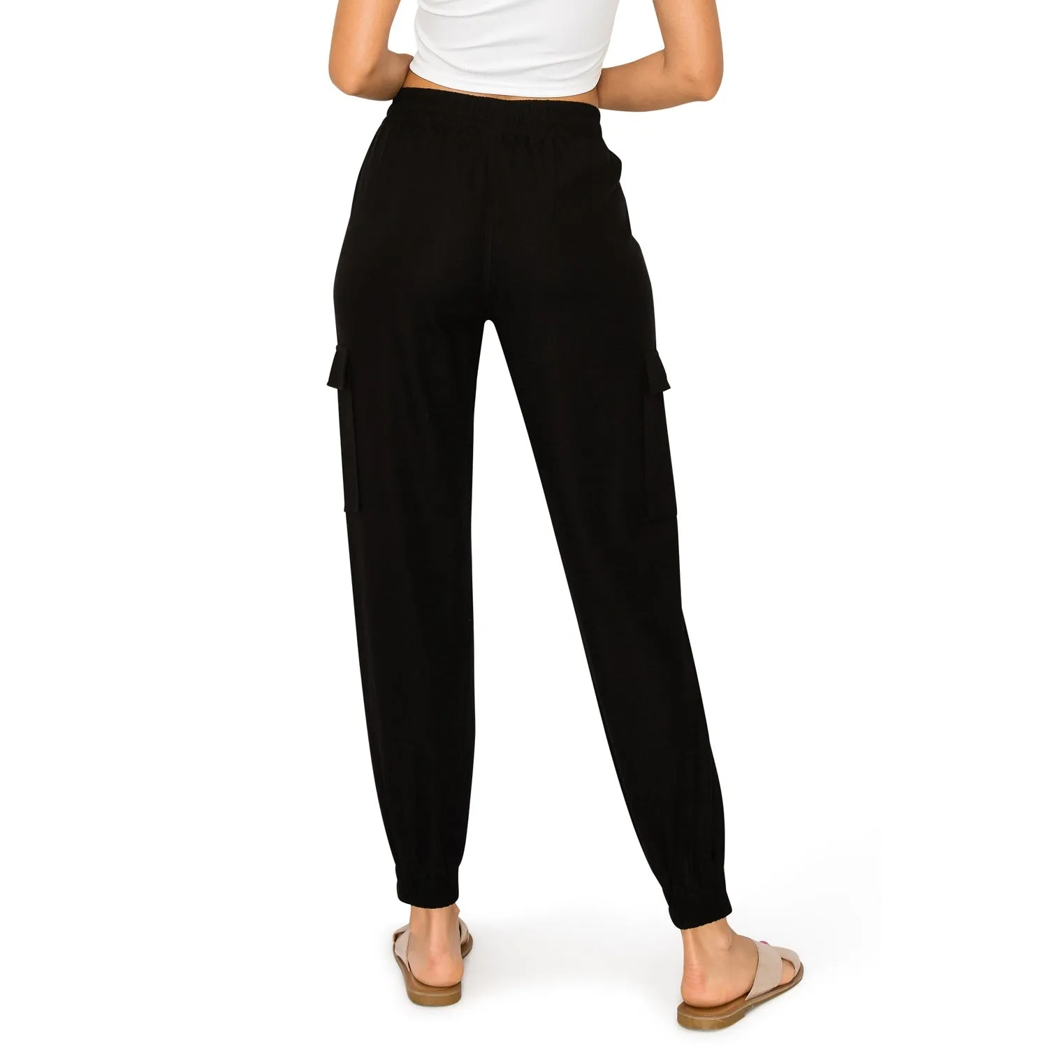 Drawstring Waist Linen Cargo Jogger Pants - Black