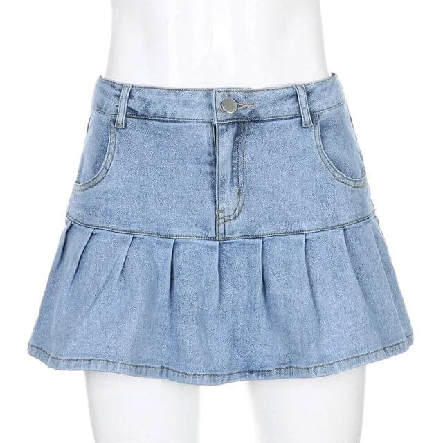 DressBetty - Harajuku High Waist Women Jeans Skirts Pleated Y2K Skinny Blue Denim Mini Skirt Summer Pop Ruffles Streetwear Bottom Korean