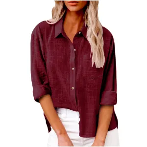Dressy Tops for Women, Long Sleeve Shirts for Women Fall Cotton Linen Tops Blouses Casual Button Down T Shirts Lightweight Cardigans with Pocket Fashion 2024 Long Sleeve Shirts for Women B-wine