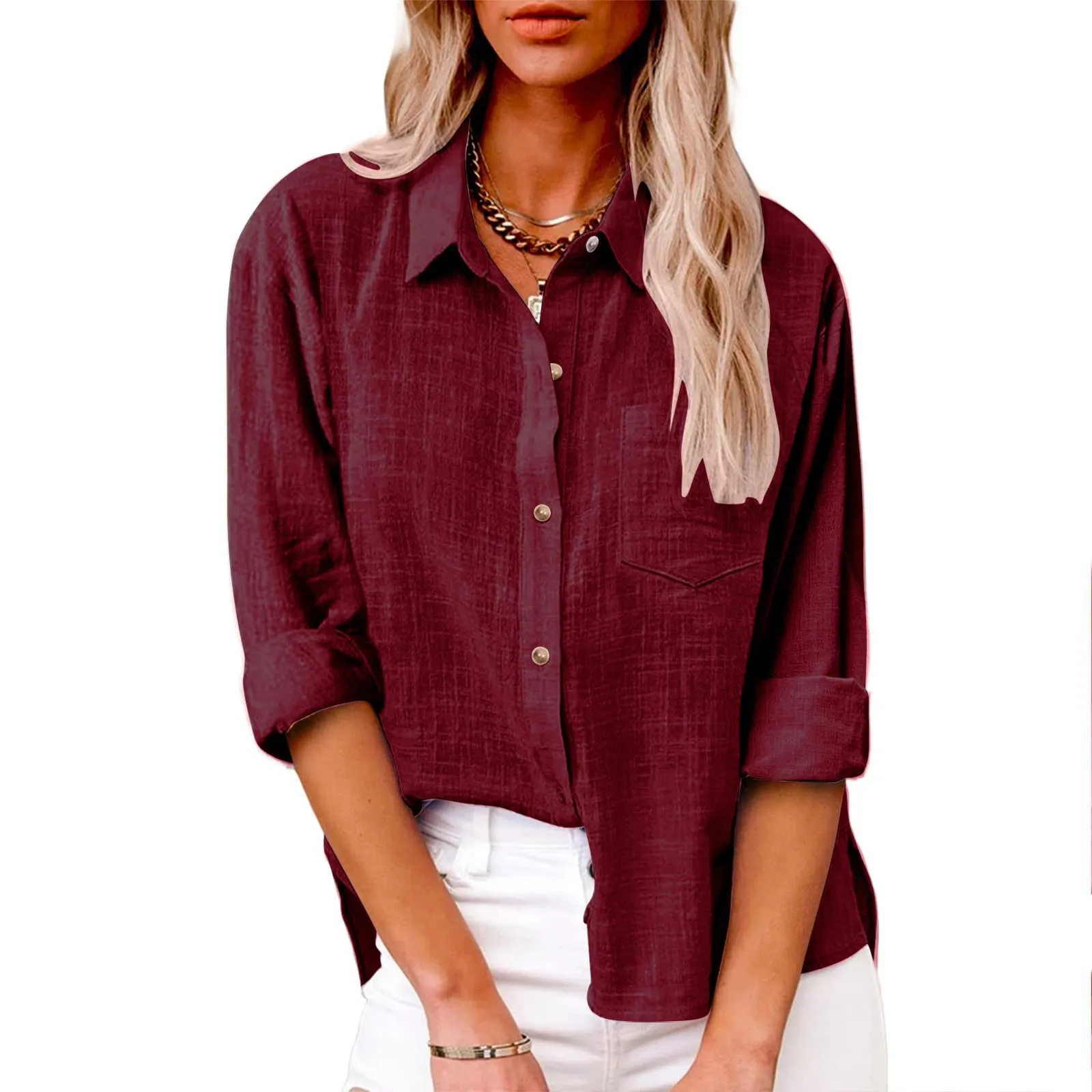 Dressy Tops for Women, Long Sleeve Shirts for Women Fall Cotton Linen Tops Blouses Casual Button Down T Shirts Lightweight Cardigans with Pocket Fashion 2024 Long Sleeve Shirts for Women B-wine