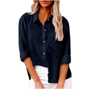 Dressy Tops for Women, Long Sleeve Shirts for Women Fall Cotton Linen Tops Blouses Casual Button Down T Shirts Lightweight Cardigans with Pocket Fashion 2024 Workout Tank Tops for Women B-navy