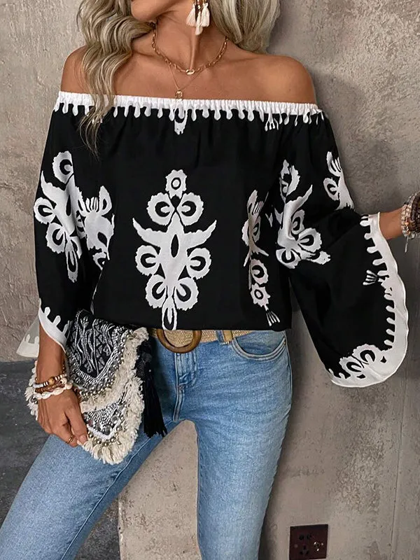 Elasticity Printed Long Sleeves Loose Off-the-shoulder Blouses&shirts Tops