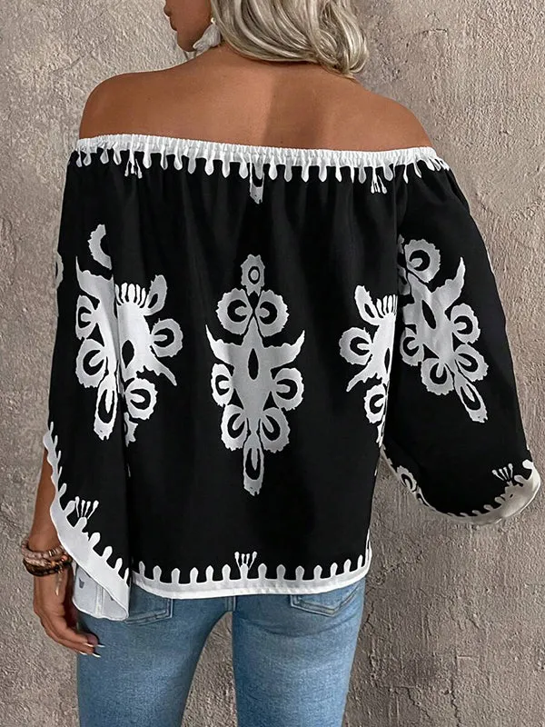 Elasticity Printed Long Sleeves Loose Off-the-shoulder Blouses&shirts Tops