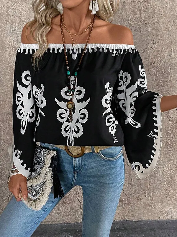 Elasticity Printed Long Sleeves Loose Off-the-shoulder Blouses&shirts Tops