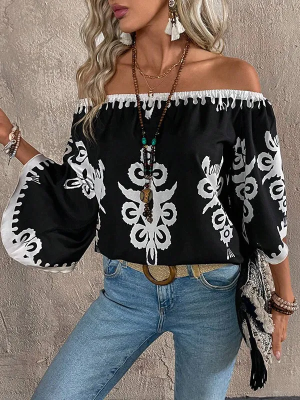 Elasticity Printed Long Sleeves Loose Off-the-shoulder Blouses&shirts Tops