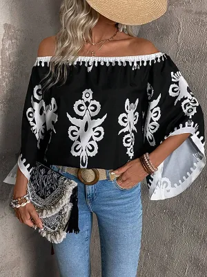 Elasticity Printed Long Sleeves Loose Off-the-shoulder Blouses&shirts Tops