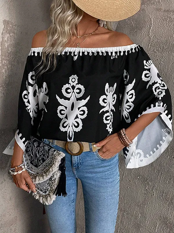 Elasticity Printed Long Sleeves Loose Off-the-shoulder Blouses&shirts Tops