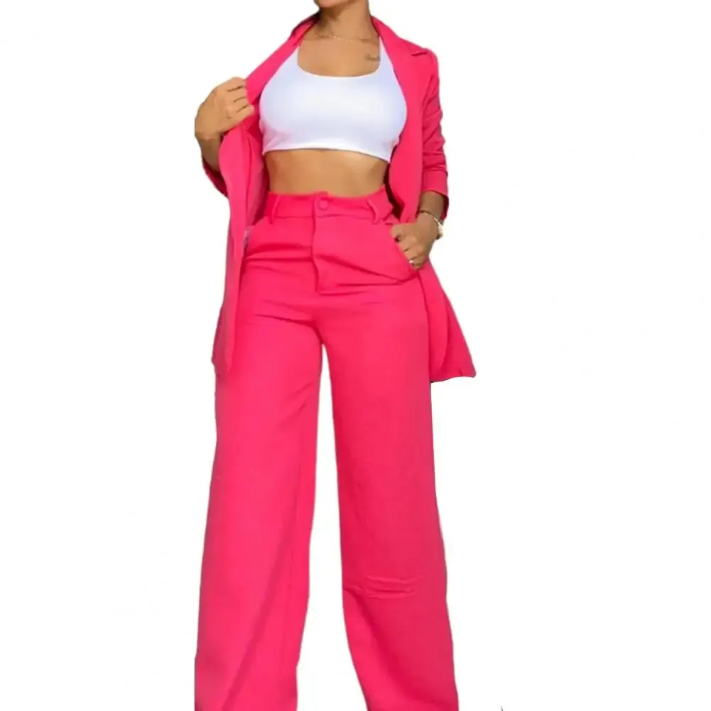 Elegant Autumn Women's Blazer and Pants Two-Piece Set – Notched Collar Coat & Pocket Design Trouser Suit