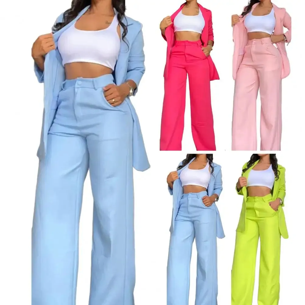 Elegant Autumn Women's Blazer and Pants Two-Piece Set – Notched Collar Coat & Pocket Design Trouser Suit