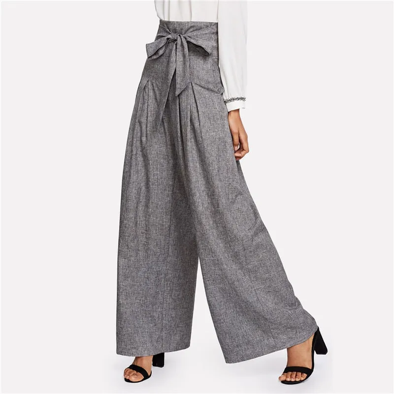 Elegant High Waist Self Belted Box Grey Loose Work Trousers Pants For Women'S