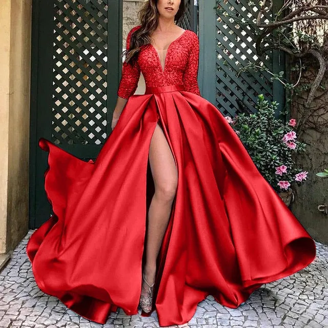 Elegant V-Neck Half Sleeve High Split Sequin Long Maxi Gown