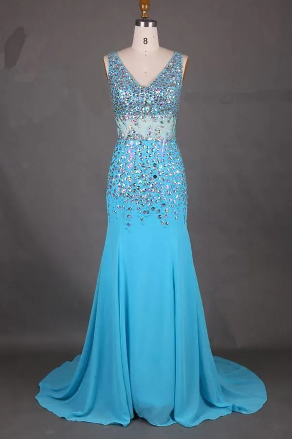 Elegant V-Neck Mermaid Court Train Chiffon Prom Dresses With Beading PG312