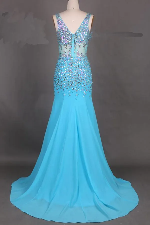 Elegant V-Neck Mermaid Court Train Chiffon Prom Dresses With Beading PG312