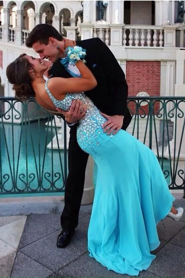 Elegant V-Neck Mermaid Court Train Chiffon Prom Dresses With Beading PG312
