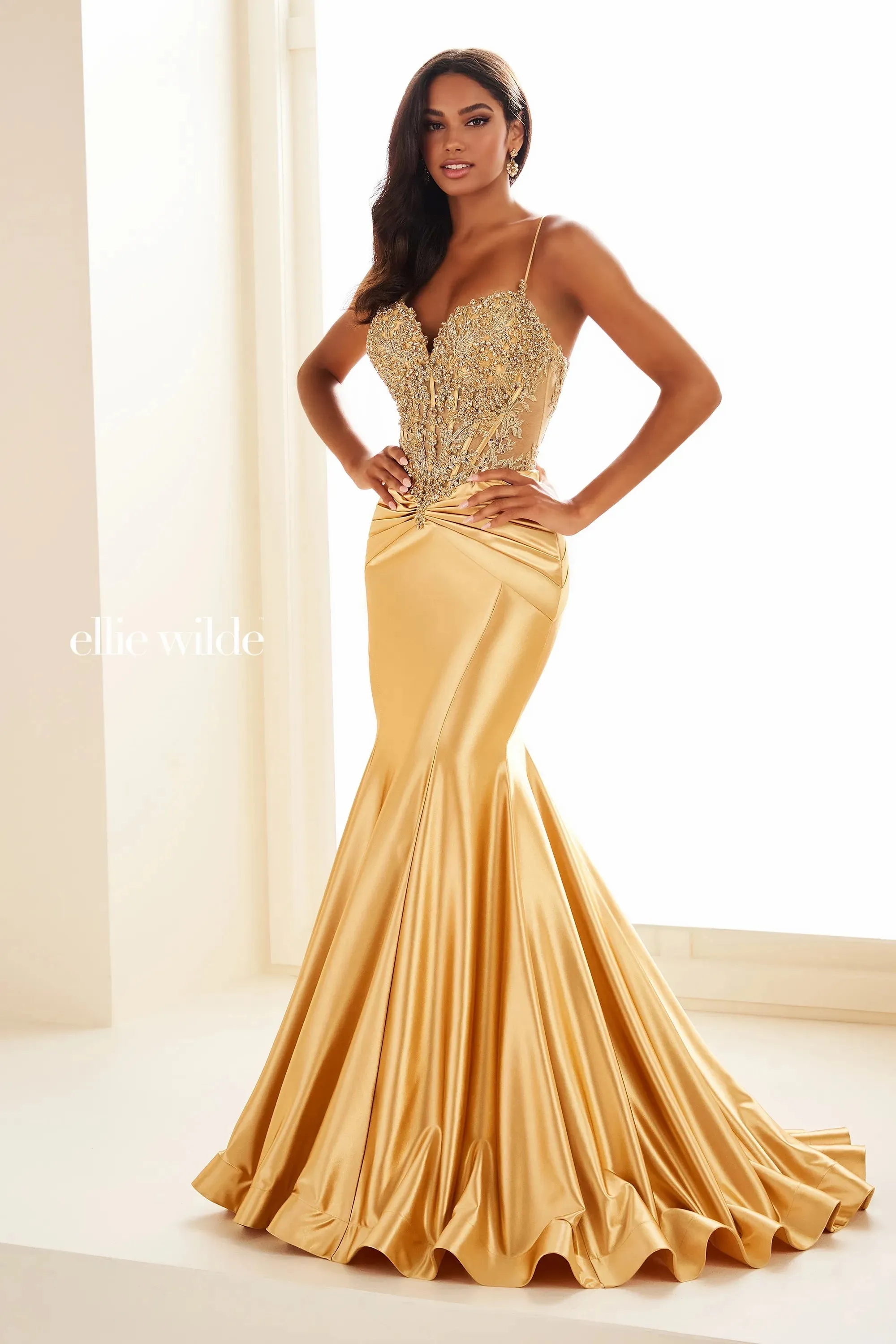 Ellie Wilde EW36004 Sheer Sequin Lace Mermaid Prom Dress Pageant Gown Train Formal evening gown