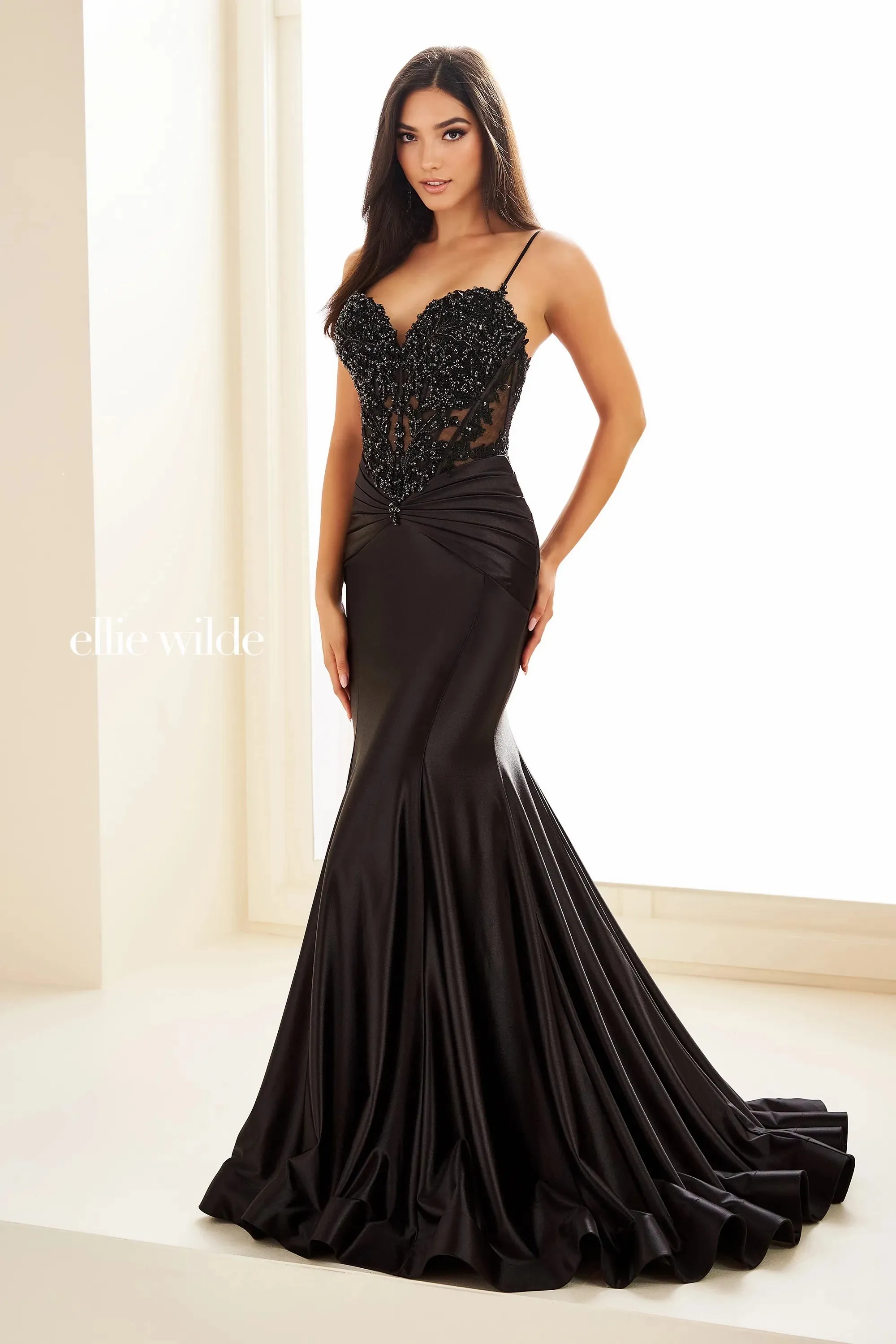Ellie Wilde EW36004 Sheer Sequin Lace Mermaid Prom Dress Pageant Gown Train Formal evening gown
