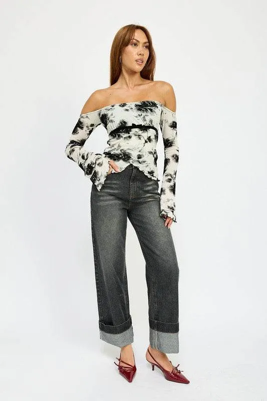 Emory Park Off Shoulder Top Wtih Lettuce Hem