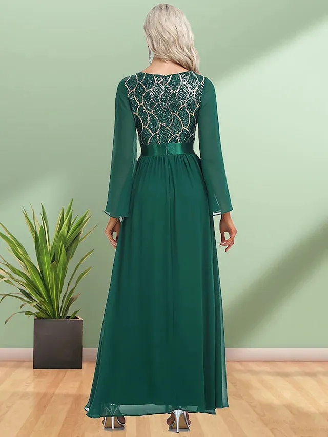 Evening Gown Elegant Dress Party Wear Floor Length Long Sleeve V Neck Chiffon with Sequin