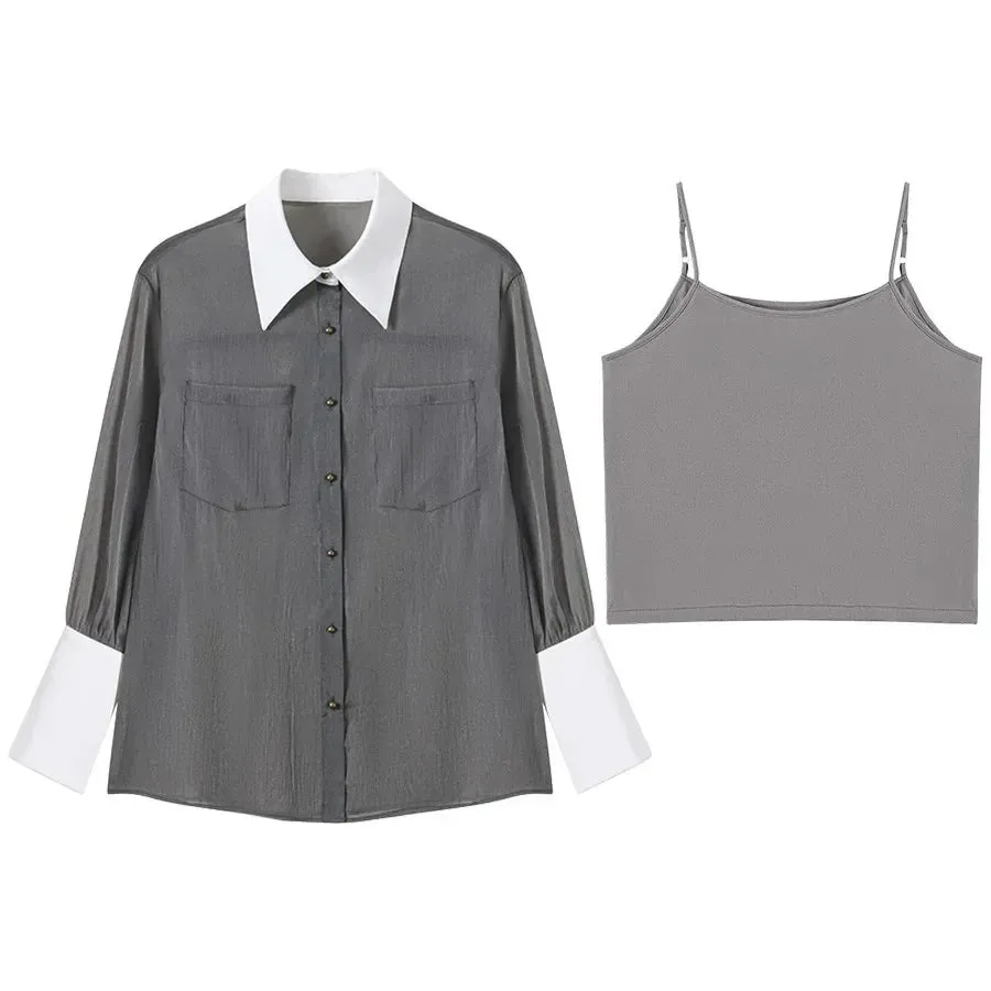 Evie Gray Sheer Button-Up Shirt