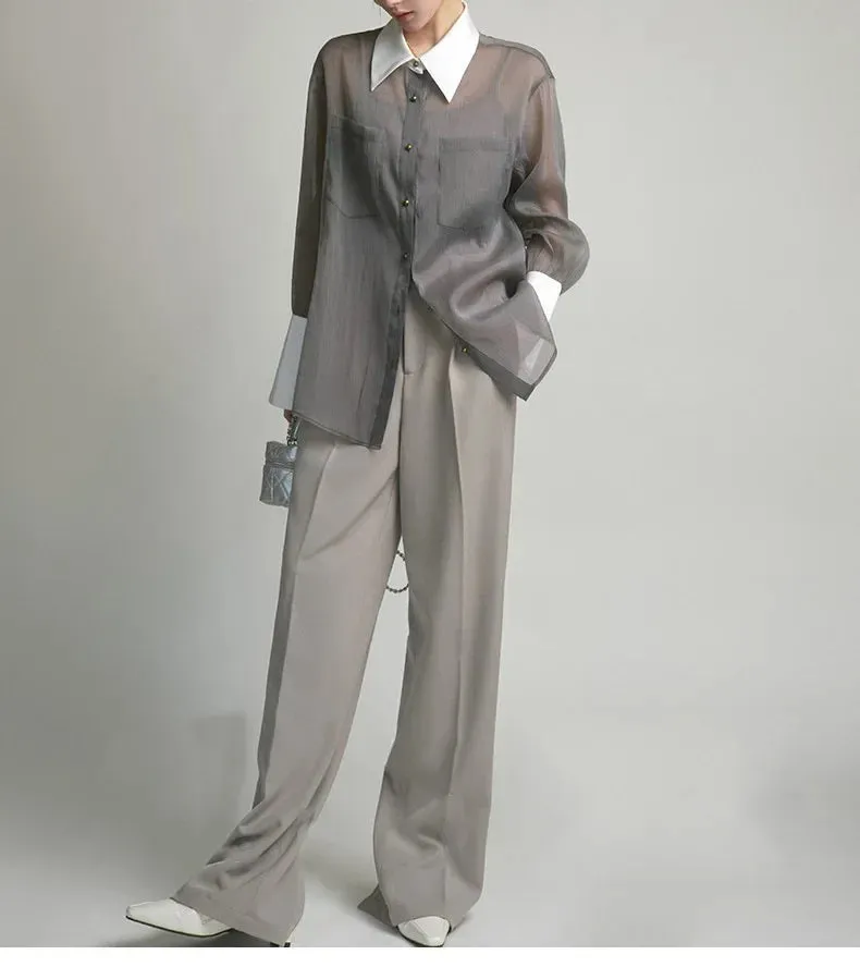 Evie Gray Sheer Button-Up Shirt
