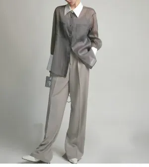 Evie Gray Sheer Button-Up Shirt