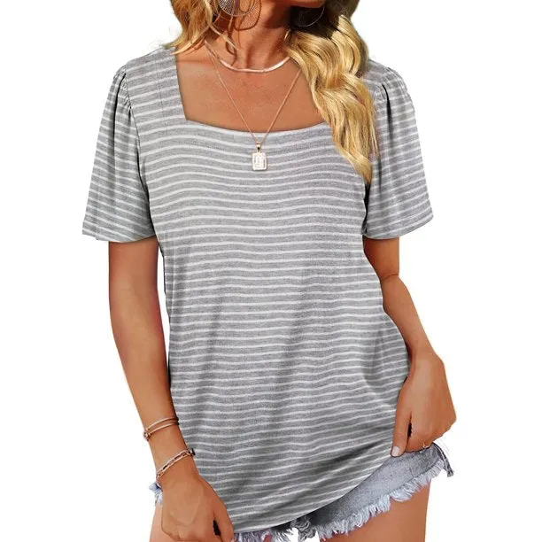 Fantaslook Square Neck Womens Striped T-Shirt Puff Sleeve Casual Tops
