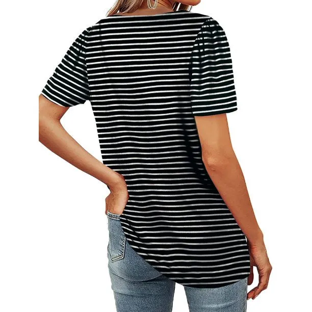 Fantaslook Square Neck Womens Striped T-Shirt Puff Sleeve Casual Tops