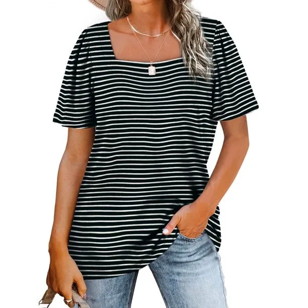 Fantaslook Square Neck Womens Striped T-Shirt Puff Sleeve Casual Tops