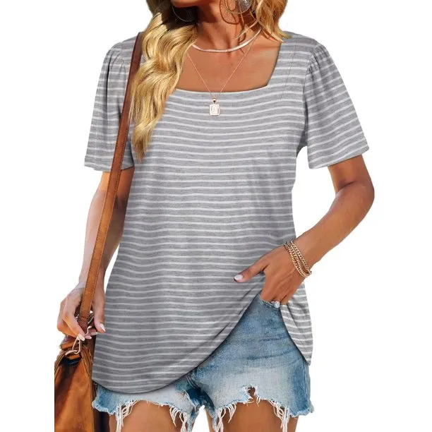 Fantaslook Square Neck Womens Striped T-Shirt Puff Sleeve Casual Tops