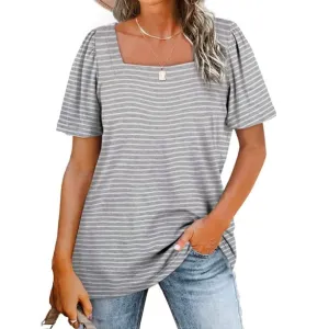 Fantaslook Square Neck Womens Striped T-Shirt Puff Sleeve Casual Tops
