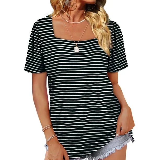 Fantaslook Square Neck Womens Striped T-Shirt Puff Sleeve Casual Tops