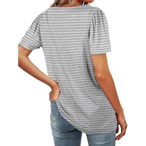 Fantaslook Square Neck Womens Striped T-Shirt Puff Sleeve Casual Tops