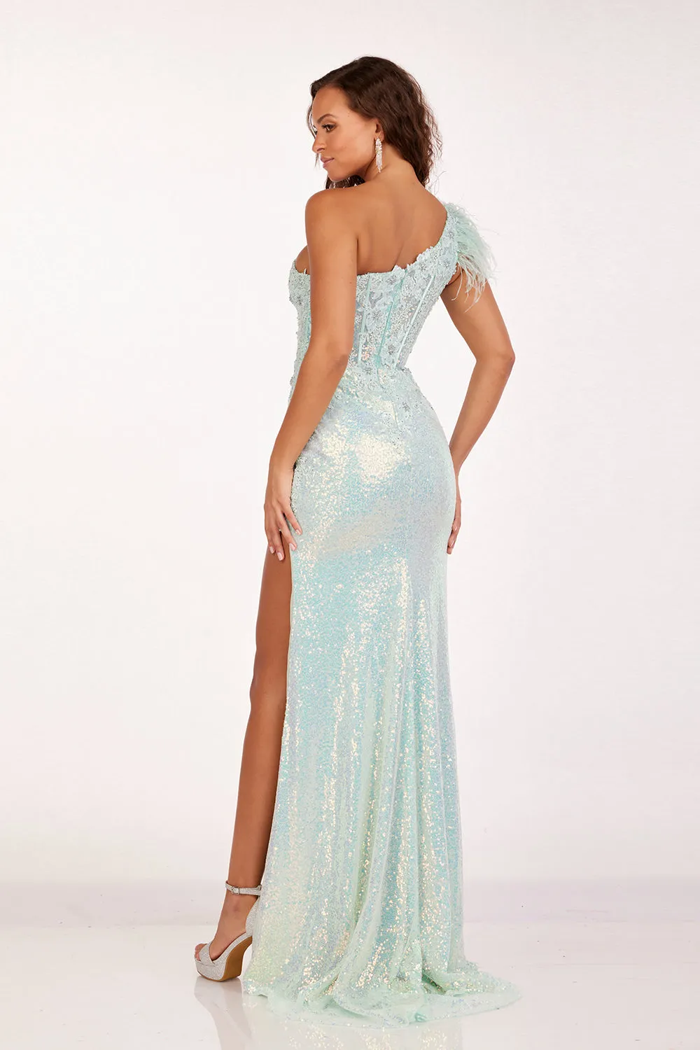 Feather One Shoulder Slit Gown by Abby Paris 90256